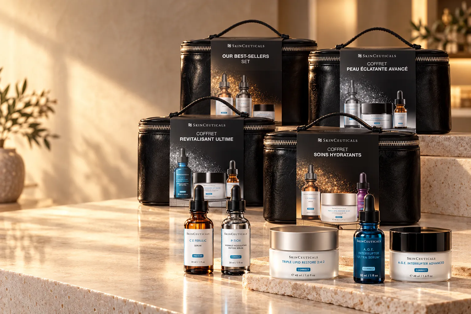 AI-generated illustrative SkinCeuticals kit and product display in warm champagne light; not a photograph of the clinic.